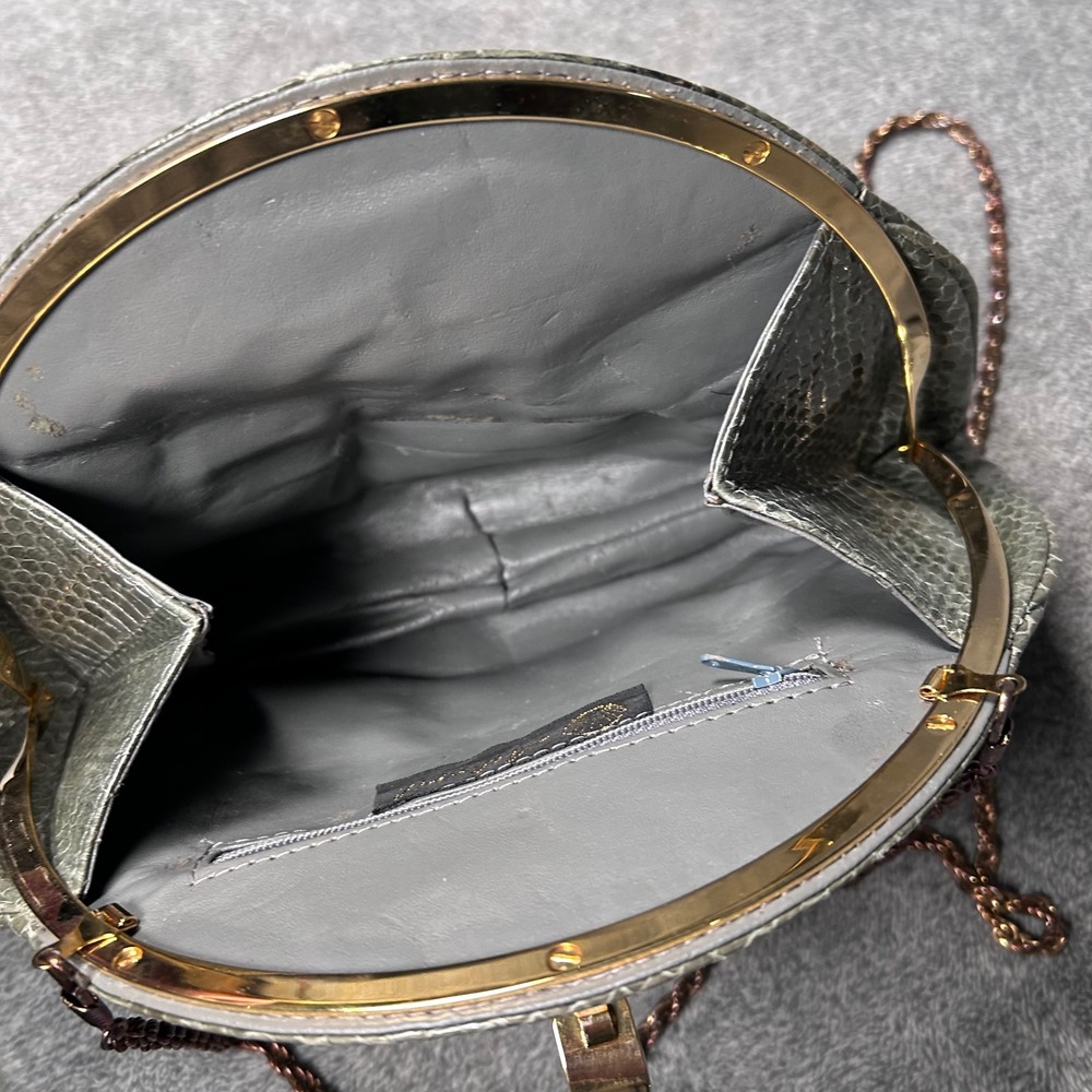 Ashneil 70s Disco Snakeskin Evening Bag Gray Gold Frame Rope Chain Purse w Pouch - Picture 5 of 16